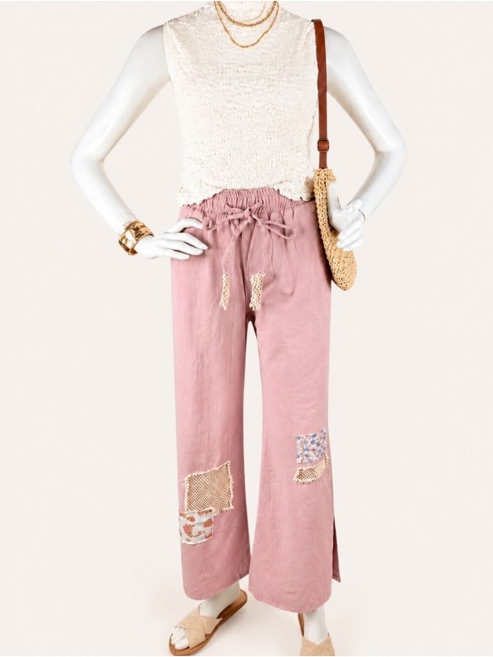 POL Dusty Rose Patchwork Crochet Wide Leg Pants Medium Boutique Boho